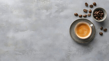 warm cup of coffee on light gray countertop with coffee beans. inviting aroma and rich color create cozy atmosphere perfect for relaxation