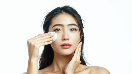 Fototapeta premium woman applies skincare with cotton pad, showcasing fresh and radiant complexion. Her gentle expression reflects caring skincare routine