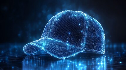 Futuristic digital cap design with glowing lights on a reflective surface.
