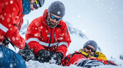Two skilled rescuers provide urgent assistance to an injured skier on a snowy mountain