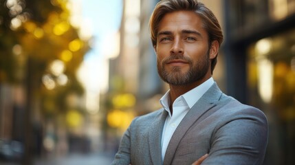 Obraz premium Handsome millennial business man standing outdoor on modern office building. Business success. Business man thinking outdoor. Modern businessman in full suit standing outdoors near office cityscape