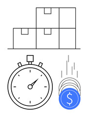 Stacked boxes, stopwatch, and falling coins. Ideal for logistics, time management, cost savings, punctuality, supply chain financial planning efficiency campaigns. Line metaphor