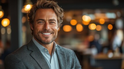 Obraz premium Successful business man smiling as he stands outside a meeting room in a professional workplace. Caucasian male executive looking away in reflection of his business accomplishments