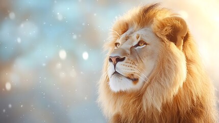 Fototapeta premium Majestic Lion Facing Blizzard in Snowy Landscape A powerful and regal lion stands tall its golden mane contrasting against the icy atmospheric environment as a blizzard swirls around it