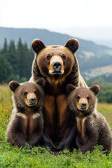Obraz premium A grizzly bear with two cubs sitting in a meadow surrounded by a mountainous landscape, showcasing the beauty of wildlife in their natural habitat