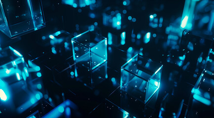 Interconnected Neon Blue Cubes in Digital Space