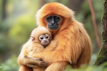 Fototapeta premium A golden snub-nosed monkey holding its baby while sitting peacefully on a tree branch in a lush green forest