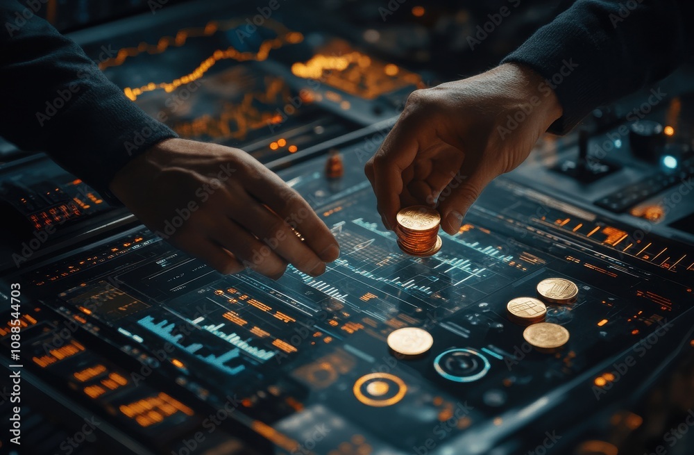 Poster hands placing coins on a high-tech dashboard displaying financial data and graphs representing inves