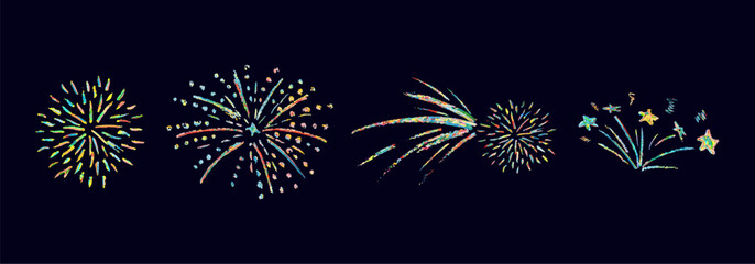 Fireworks cute pencil lines doodle elements for birthday, anniversary. Set of colorful rainbow sketches in style of lightning, explosion, sun rays, firecrackers, sparkles, motion effects. Vector