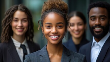 Cheerful smiling team of diverse business people in formal suit looking confident at camera with positive faces gathered outside the work building