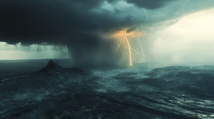 Fototapeta premium Dramatic stormy seascape with lightning striking over the turbulent ocean.