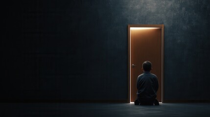 Obraz premium A solitary figure sits in darkness, facing an illuminated door, symbolizing hope, introspection, and the unknown.