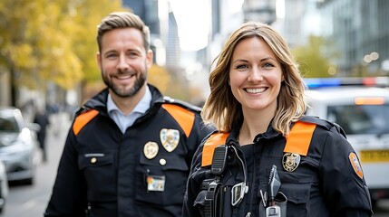 Two police officers a man and a woman standing together in a city street and smiling showcasing their professional uniforms community oriented approach
