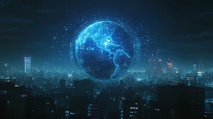 Blue digital globe surrounded by lines of data planet earth, Technology network planet