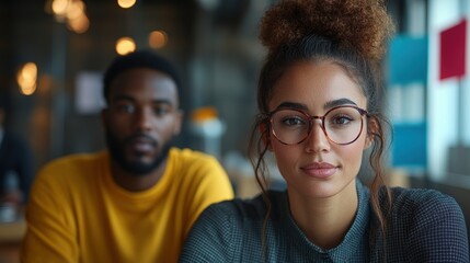 Fototapeta premium Latino man and African American businessperson brainstorming startup small business strategy together. Young multiracial businesswoman and colleague serious working on planning