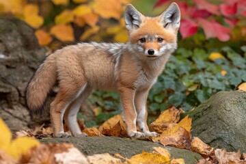 Obraz premium A red fox standing alert amidst colorful autumn leaves, blending with its natural habitat in a vibrant forest setting