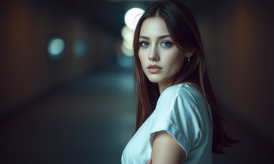 Naklejka premium young woman with long hair poses in dimly lit corridor, showcasing stylish white t shirt. atmosphere is moody and captivating, drawing attention to her expression