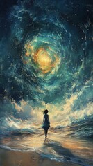 Fototapeta premium A serene figure stands on the shore, gazing at a swirling cosmic scene above, blending ocean and universe beautifully.