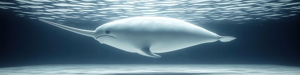 Naklejka premium A single narwhal swimming gracefully underwater, showcasing its long spiraled tusk in a serene oceanic backdrop