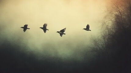 A serene image of birds in flight over a misty landscape, capturing the beauty of nature and freedom in an ethereal setting.