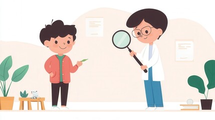 A playful scene showing a child interacting with a scientist, who is examining something with a magnifying glass, surrounded by plants and documents.