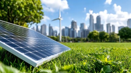 Fototapeta premium Renewable energy solar panels and wind turbines set against a modern city skyline showcasing a greener eco friendly future for urban environments
