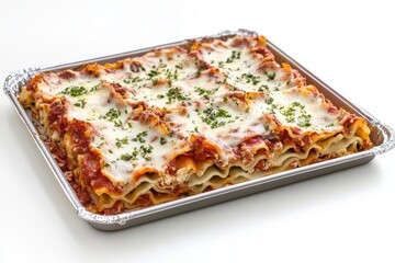 Delicious homemade lasagna, topped with melted cheese and fresh herbs, served in a silver tray.