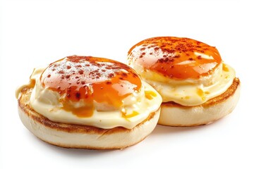Delicious eggs Benedict with perfectly poached eggs on toasted English muffins.