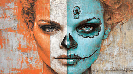 A woman with half of her face painted with a traditional Day of the Dead sugar skull design.