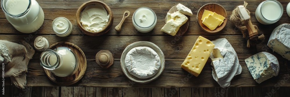 Poster a rustic wooden table is adorned with an assortment of dairy items such as creamy cheeses, smooth bu