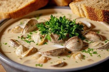 Delicious clam chowder garnished with fresh parsley, served with slices of toasted bread.