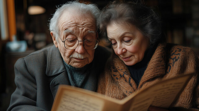 Elderly couple enjoying a quiet moment together while reading a menu in a cozy cafe during the afternoon. Generative AI
