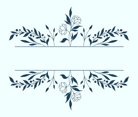 Decorative Floral Border Vector Design Images, Title Name Border flower Hand Draw Decoration, Name Border, leaf Hand Draw. flower frame with blue flowers. Hand drawn mono line floral background.