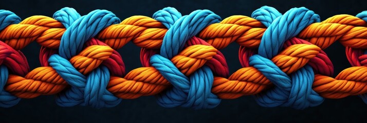 a net of colored rope with red, blue and orange colors, Suitable for outdoor, adventure, teamwork and leadership concept designs. Colorful, strong, teamwork, adventure, outdoor, vibrant, leadership,