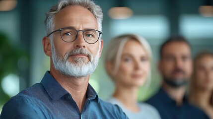 Fototapeta premium Portrait of a confident experienced middle aged businessman wearing formal business attire and glasses standing in a corporate office setting The man has a serious authoritative expression