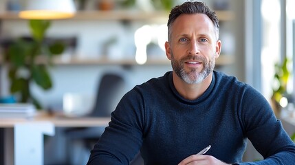 Naklejka premium Smiling middle aged professional male with beard in casual attire sitting at desk in modern office workspace looking at with positive and confident expression