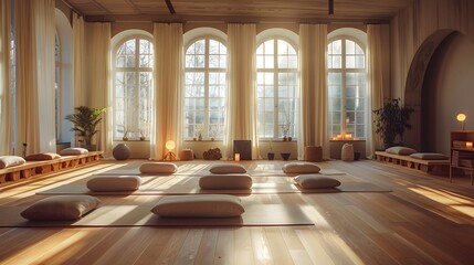 The photo showcases an indoor yoga sanctuary, lit by warm natural light streaming through large arched windows, featuring wooden floors, minimalistic decor, and an array of neatly arranged meditation