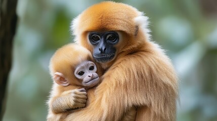 Obraz premium A golden snub-nosed monkey cuddling its baby in a peaceful forest surrounded by lush greenery