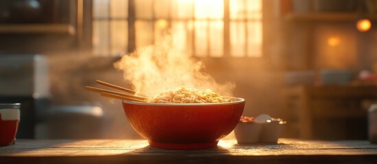 A steaming bowl of noodles with chopsticks, illuminated by warm sunlight.