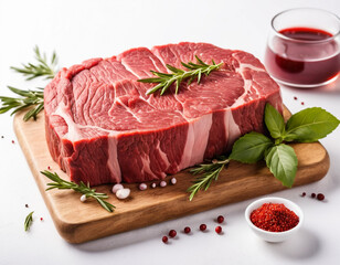Fototapeta premium Fresh Raw Beef Meat Steak Slice on White Background for Culinary Use. 