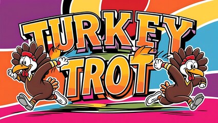 Vibrant and Fun Turkey Trot Graphic with Cartoon Turkeys Running in Colorful Background for Thanksgiving Celebration or Holiday Event Promotion
