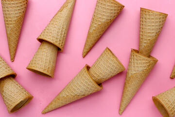Waffle cones on pink background