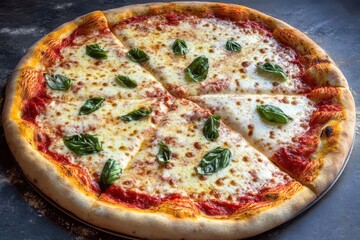 Delicious fresh pizza topped with mozzarella cheese and basil leaves, showcasing a golden crust.