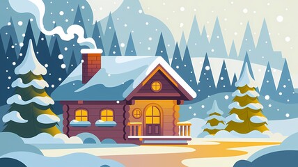 Flat-Style Illustration of a Cozy Winter Cabin with Snow-Covered Pine Trees and Gentle Snowfall in a Serene Landscape