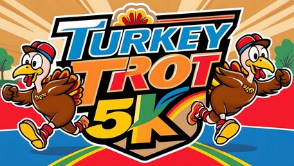 Fun and Colorful Turkey Trot 5K Race Design Featuring Cartoon Turkeys Running with Excitement in a Festive Atmosphere for Thanksgiving Celebration