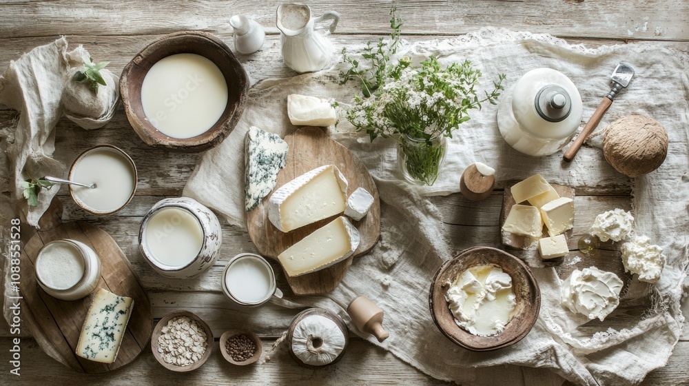 Poster the wooden table is adorned with various dairy items like milk, cheese, and butter, evoking a sense 