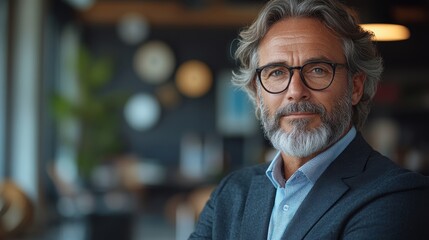 Fototapeta premium Mature businessman in office setting, reflecting on successful career achievements, and planning for future goals