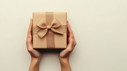 Hands holding small gift box isolated on a white background, top view.