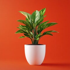 Obraz premium Tropical Houseplant in White Planter Against Vibrant Orange Background