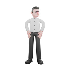 3D Producer Design. A male producer stands straight with both hands on his waist, angry expression. Film Style